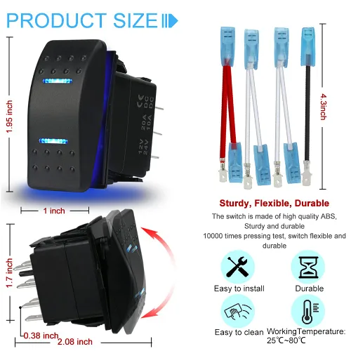 Vista 4 de Interruptor basculante impermeable de encendido y apagado de 12 V/20 A 24 V/10 A 7 pines DPDT luz LED azul, con cables de puente para barco