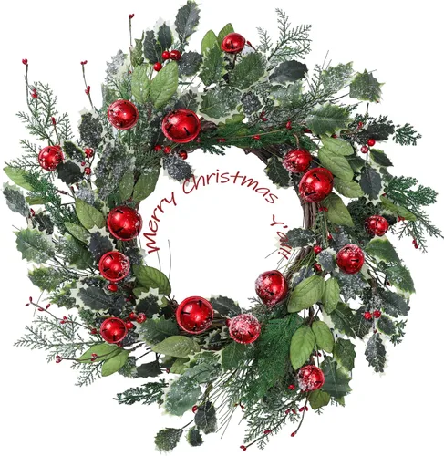 Vista 12 de YNYLCHMX Corona de Navidad de 20 pulgadas para puerta delantera, corona de invierno con letrero de bienvenida, hojas de eucalipto, bayas rojas