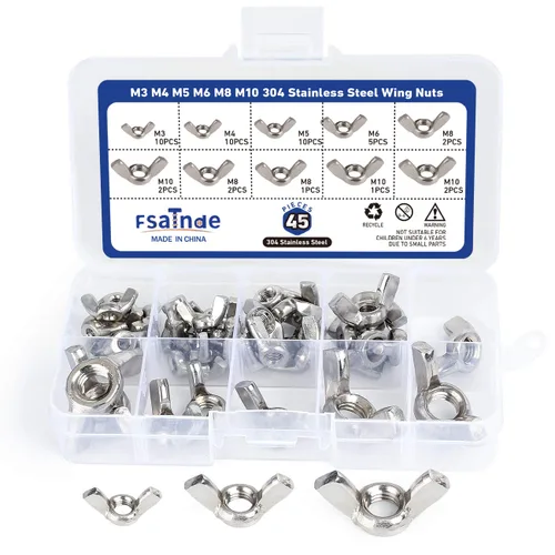 Kit surtido de tuercas de mariposa de acero inoxidable 304, 45 unidades, M3-M10, 1.6 in x 0.4 in x 0.8 in, plata, clase 2A, iso métrico, totalmente