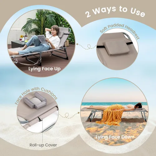 Vista 5 de Goplus Silla de bronceado, silla plegable de playa al aire libre con agujero para cara y brazo, correa de transporte, almohada, silla de descanso