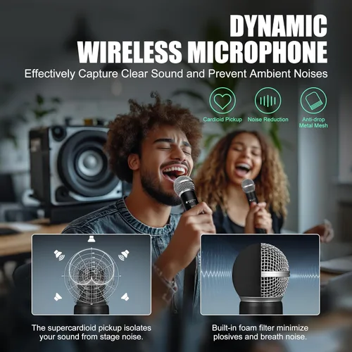 Vista 2 de Micrófono Inalámbrico - Micrófono de Karaoke para Cantar - Micrófonos Inalámbricos Recargables con Receptor de Doble Canal - Alcance de 240 pies