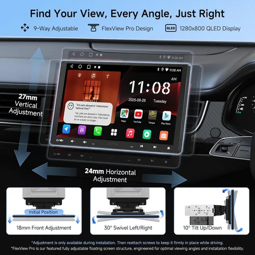 Vista 2 de Estéreo de coche QLED Android de 10.1 pulgadas individual y doble DIN con Dash Cam, 2G+32G CarPlay inalámbrico Android Auto flotante QLED pantalla