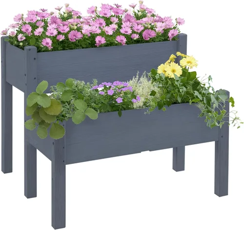 Vista 14 de Outsunny Cama de jardín elevada, maceta de madera elevada con estante de almacenamiento, agujeros de drenaje y forro para patio trasero, patio, Negro