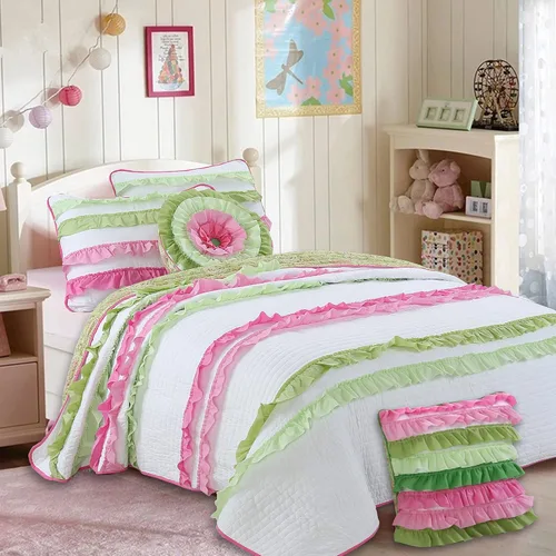 Vista 2 de Cozy Line Home Fashions Juego de ropa de cama acolchada reversible de niña con volantes elegantes rosa verde, 100% algodón, cubrecama, colcha