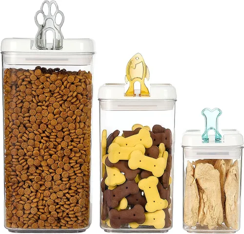 Felli Flip Tite Contenedor de comida para mascotas con tapas herméticas, recipiente acrílico libre de BPA con asas de hueso de pata de pescado para