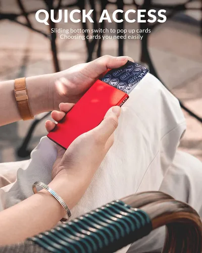 Vista 2 de VULKIT Tarjetero minimalista para tarjetas de crédito tarjetas emergentes protección RFID cartera de metal delgada Rojo - Minimalista