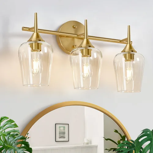 Vista 9 de MOKATNG Lámparas de baño de 2 luces, luces de tocador doradas para baño con vidrio transparente, accesorios de iluminación de baño sobre espejo