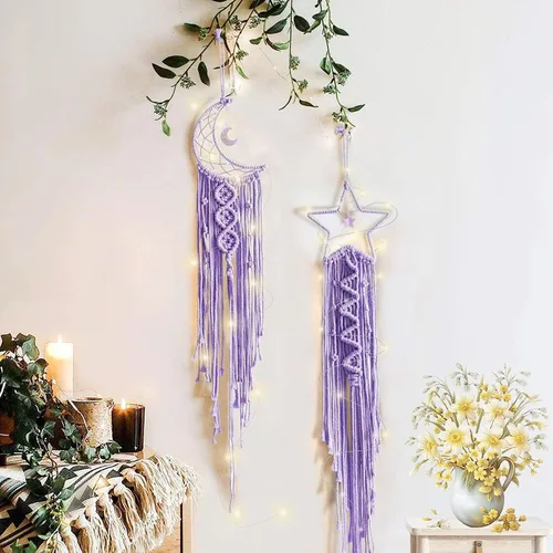 Vista 8 de Tarklanda Decoración de atrapasueños de luna y estrella, 2 piezas boho para el hogar, luna y estrella, macramé para colgar en la pared, decoración