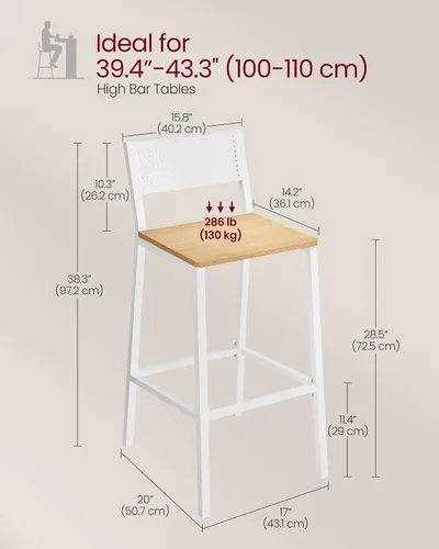 Vista 3 de VASAGLE Juego de 2 taburetes de bar, sillas de bar para cocina, comedor, industrial, roble beige y blanco ULBC070W09
