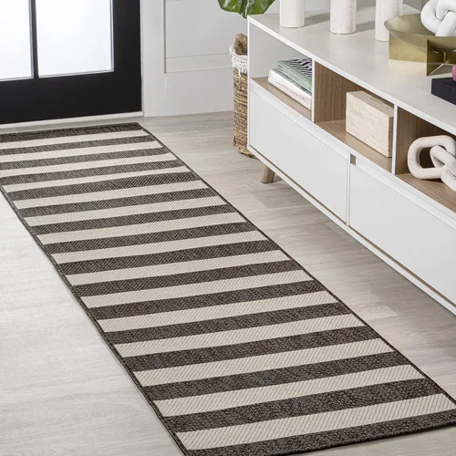 Vista 15 de Eyely BMS203E-28 Santa Monica Negril - Alfombra de pasillo de dos tonos de rayas anchas para interiores y exteriores, moderna, costera; rústica