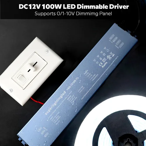 Vista 5 de 12 V CC 100 W con certificación UL 0-10 V y TRIAC regulable impermeable IP67 fuente de alimentación más delgada transformador de bajo voltaje de 110