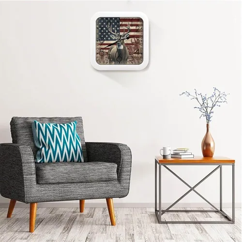 Vista 5 de 10" Square Modern Wall Clock,Americana Flag Deer Print Kitchen Clocks Wall Battery Operated,Silent Non Ticking Unique Funny Cute Wall Clock for