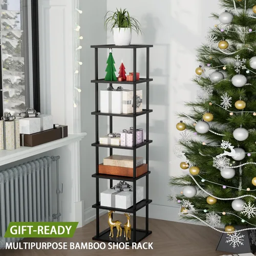 Vista 7 de Zapatero alto vertical para entrada, 7 niveles, delgado, estrecho, de madera de bambú, apilable, soporte de almacenamiento para botas, espacios Negro
