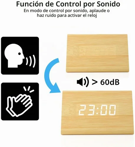 Vista 3 de OCT17 Reloj de madera de madera, nueva versión LED alarma reloj de escritorio digital brillo ajustable, hora de alarma, muestra la hora y la Marrón