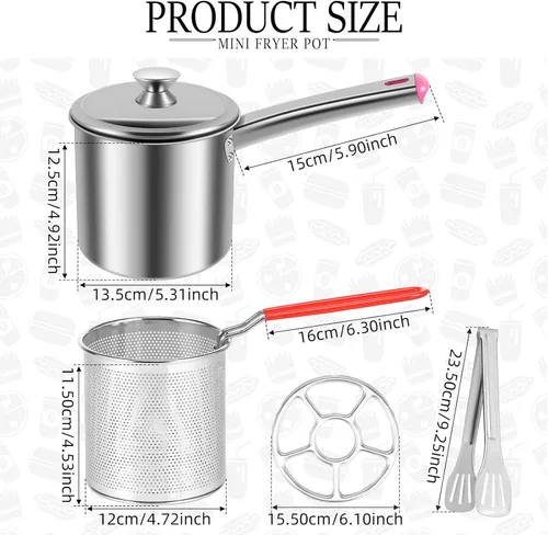 Vista 3 de Olla para freír con cesta coladora, olla de acero inoxidable con tapa y asa, mini freidora de aceite de 1.8 litros, freidora portátil, freidora
