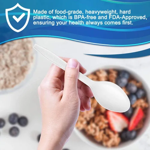 Vista 5 de Paquete de 400 cucharas de sopa desechables de plástico blanco extra pesadas, cubiertos blancos resistentes, utensilios, fiestas, cenas, servicios