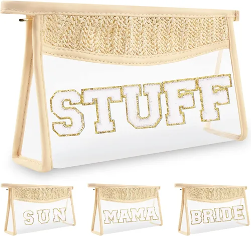 Vista 24 de izuzta Bolsa de maquillaje transparente boho para mujeres y niñas, Beige, Glam