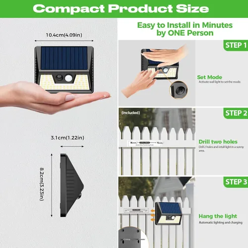 Vista 6 de Peasur Luces solares con sensor de movimiento para exteriores, paquete de 4 luces solares para valla con impermeabilidad IP65, 3 modos