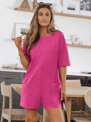 Vista 3 de AUTOMET Enterizo de pierna ancha para mujer, trajes casuales de verano, ajuste holgado, con bolsillos, ropa 2024, Rosado