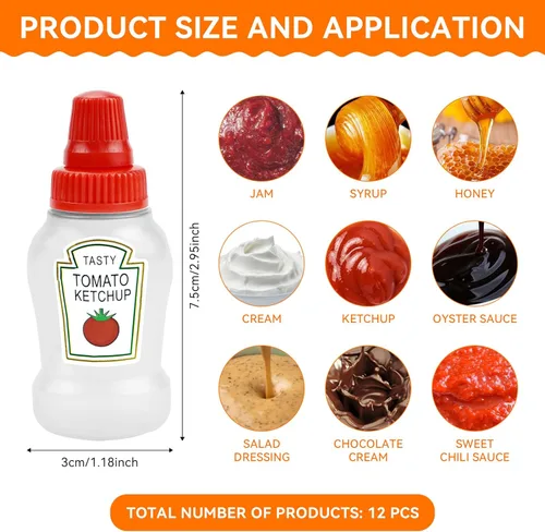 Vista 2 de Fantasyon 12 mini botellas de ketchup para accesorios de caja Bento, botellas exprimibles de condimentos de 0.8 fl oz, contenedor de salsa