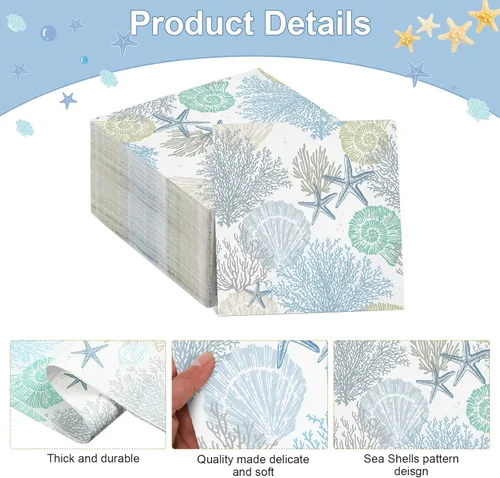 Vista 3 de Funrous 200 servilletas de papel de mar de 3 capas, servilletas de concha de mar, playa costera, coral, náutico, costero, toallas de papel