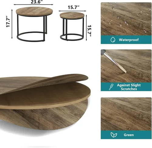 Vista 2 de Smuxee - Juego de 2 mesas de café anidadas, mesa de centro redonda de 23.6" con tapa de grano de madera y pies ajustables antideslizantes, mesa