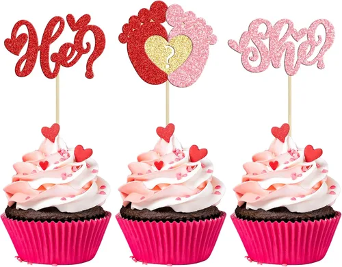Vista 25 de 24 piezas de decoración de cupcakes con purpurina dorada para el día de San Valentín, temática de San Valentín, fiesta de cumpleaños, suministros