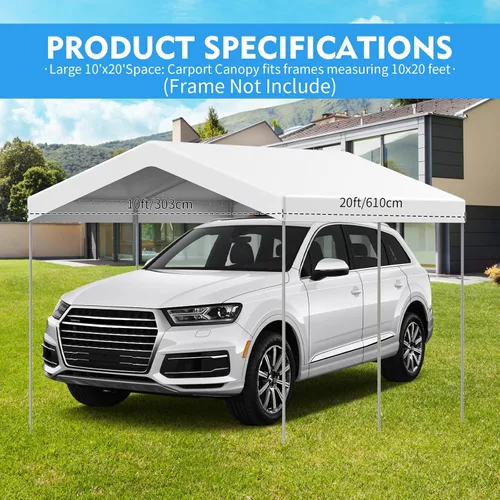 Vista 3 de Cubierta de repuesto para toldo de 10 x 20 pies para cochera, resistente al agua y con protección UV, cubierta de lona resistente al desgarro