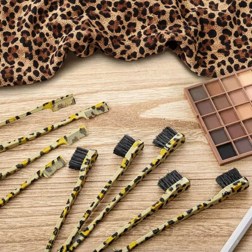 Vista 4 de Yaomiao 12 cepillos de borde de cabello de doble cara, peine de cabello natural para cejas, aseo suave para mujeres (dorado, estilo leopardo)