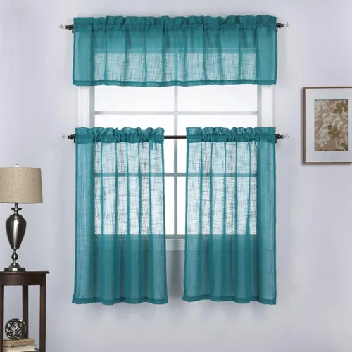 Vista 8 de Juego de 3 cortinas de lino texturizadas para ventana de café y cocina, 36 pulgadas de largo, color beige