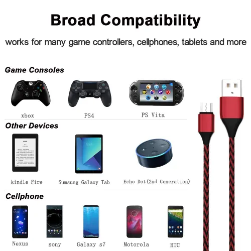 Vista 6 de TPLTECH Cable de carga para controlador Xbox One, controlador trenzado de nailon, cable USB duradero para Android Micro USB 2.0, compatible