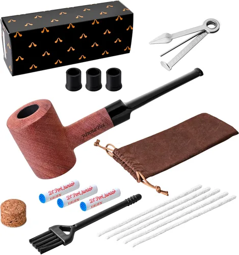 Vista 2 de Pipas de tabaco, pipa de tabaco tallada a mano con bolsa de pipa de tabaco de piel sintética y bolsas, incluyendo accesorios