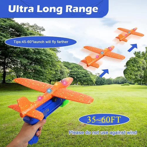 Vista 5 de Paquete de 3 lanzadores de aviones planeadores extra grandes, avión de espuma duradera con LED, 3 formas de jugar, 3 modos de vuelo, avión volador