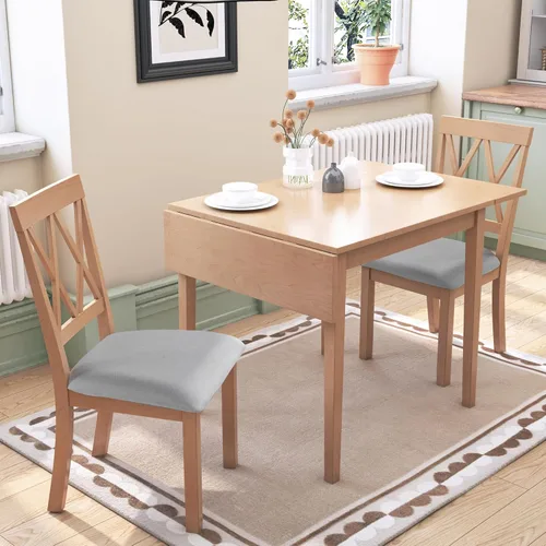 Vista 10 de P PURLOVE Juego de comedor de cocina de 3 piezas, juego de mesa de comedor de madera con mesa de comedor de hoja abatible y 2 sillas de comedor