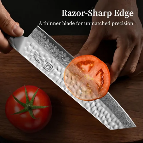 Vista 2 de KEEMAKE Kiritsuke Cuchillo de chef, cuchillo de cocina japonés de Damasco de 8 pulgadas con mango ergonómico de madera de Pakkawood, cuchillo