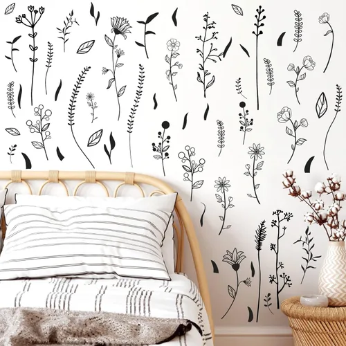 Vista 3 de Kazova Calcomanías de pared de hojas florales, calcomanías de pared de flores silvestres negras, ramo de plantas botánicas, calcomanías de pared