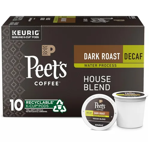 Peet's Coffee, Cápsulas K-Cup de café descafeinado tostado oscuro para cafeteras Keurig, mezcla descafeinada de casa, 10 unidades (1 caja de 10