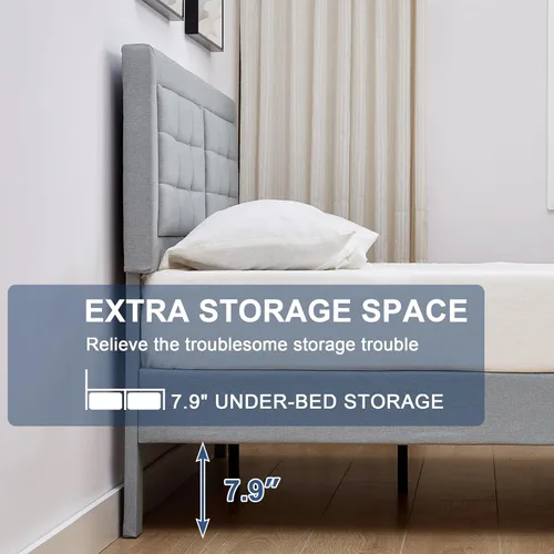 Vista 27 de VECELO Full Size Bed Frame with Storage Drawers, Upholstered Platform Bedframe with Wingback Headboard, No Box Spring Needed, Light Grey