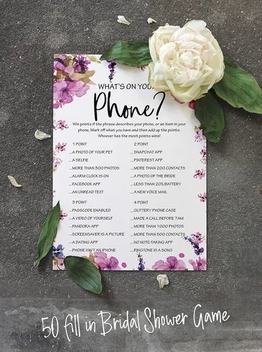Vista 5 de Paquete de 50 tarjetas florales de Whats On Your Phone Bridal Shower Juego de despedida de soltera