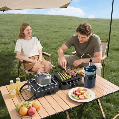 Vista 3 de Dollate Estufa de propano de 2 quemadores con plancha y bolsa de transporte, estufa de campamento plegable portátil con 2 quemadores ajustables