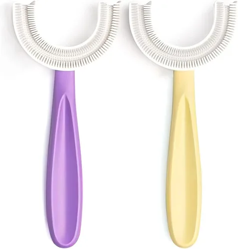 Vista 12 de YOTEE Cepillo de dientes en forma de U para niños, 2 piezas, cepillo de dientes para niños pequeños con cabezal de cepillo de silicona suave