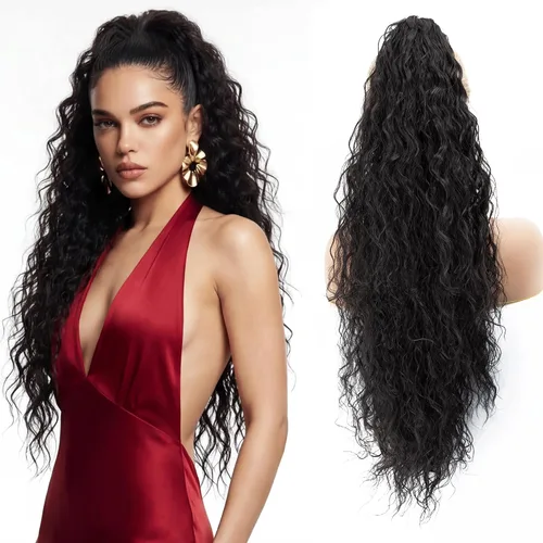 Vista 27 de Extensiones de cola de caballo, 60,96 cm de largo, cabello sintético ondulado, color marrón