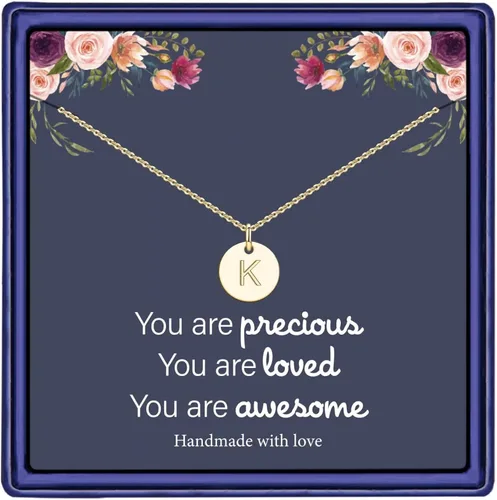 Collar ajustable con medalla circular e inicial para mujeres y niñas, chapado en oro de 14 quilates, grabado a doble cara, con inicial personalizada