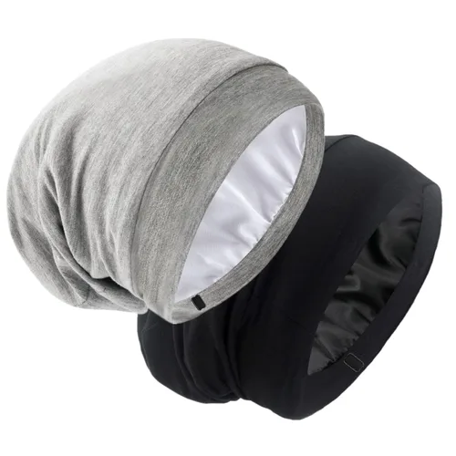 Vista 8 de Gorro de dormir con forro de satén, ajustable, no se decolora, con calavera, para proteger el cabello rizado natural, negro y gris oscuro