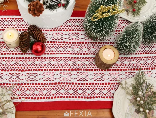 Vista 6 de FEXIA Camino de mesa rojo de 72 pulgadas de largo, decoración del hogar, centro de mesa, decoración de mesa, camino de mesa rústico con encaje