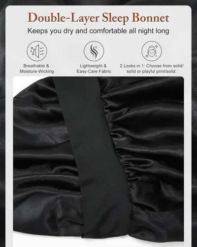 Vista 3 de AWAYTR Gorro largo de satén para mujer, gorro de seda elástica de doble capa para trenzas, gorro de dormir con banda de amarre (negro)
