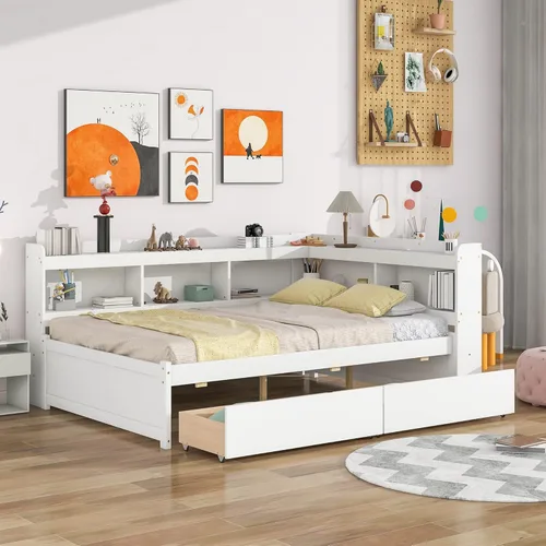 Vista 13 de Quarte Elegante cama de plataforma con estanterías en forma de L, cama de plataforma de madera tamaño individual con 2 cajones de almacenamiento