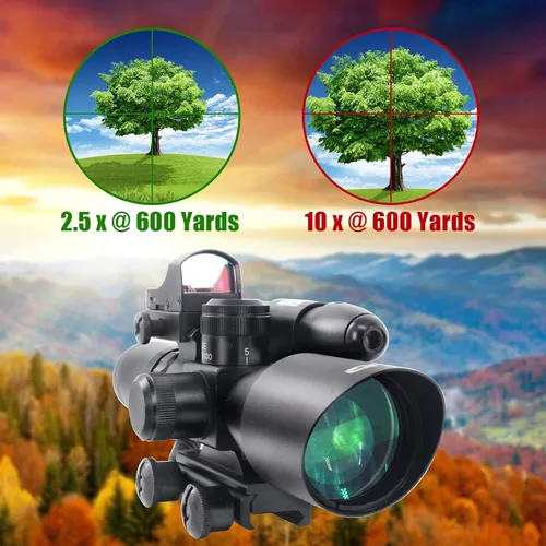 Vista 7 de UUQ 2.5-10x40 Mira telescópica combinada para rifle, retícula Mil-dot iluminada doble, con mini visor reflex de punto rojo de 3 MOA y visor láser