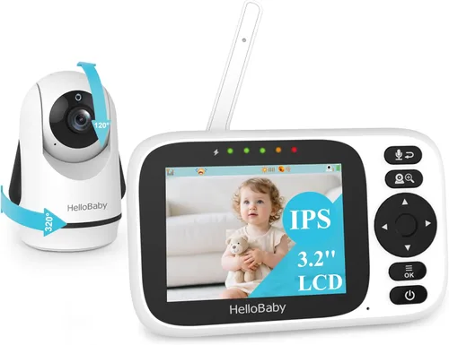 HelloBaby Monitor sin WiFi Video Baby Monitor con cámara y audio - Pantalla de 3.2 pulgadas, conversación de 2 vías, cámara panorámica con visión