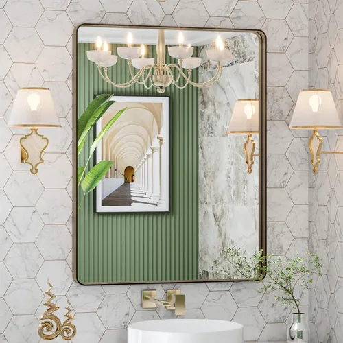 Vista 46 de LOAAO - Espejo de tocador para baño con marco de metal negro mate de 48 x 32 pulgadas para pared, rectangular, grande, redondeado, anticorrosión